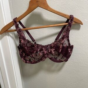 Soma Sensuous Lace Unlined Bra Womens 34D Blue Floral Sheer Mesh Full Coverage